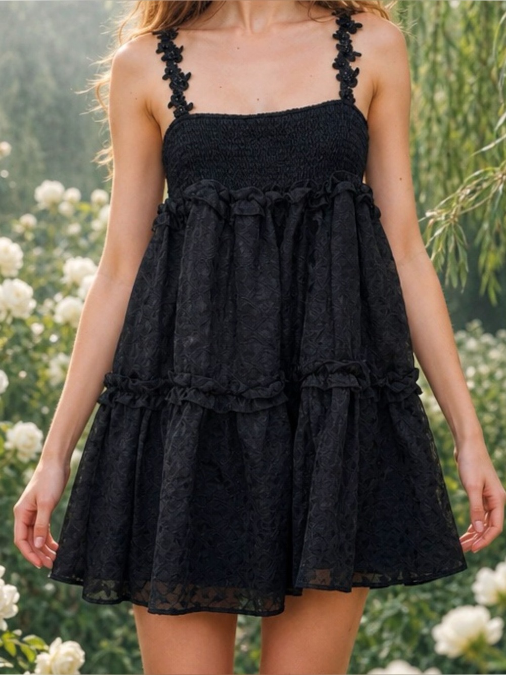 DREAM SISTER JANE Enflower Strap Jacquard Mini Dress, Black Co-Ord, Medium